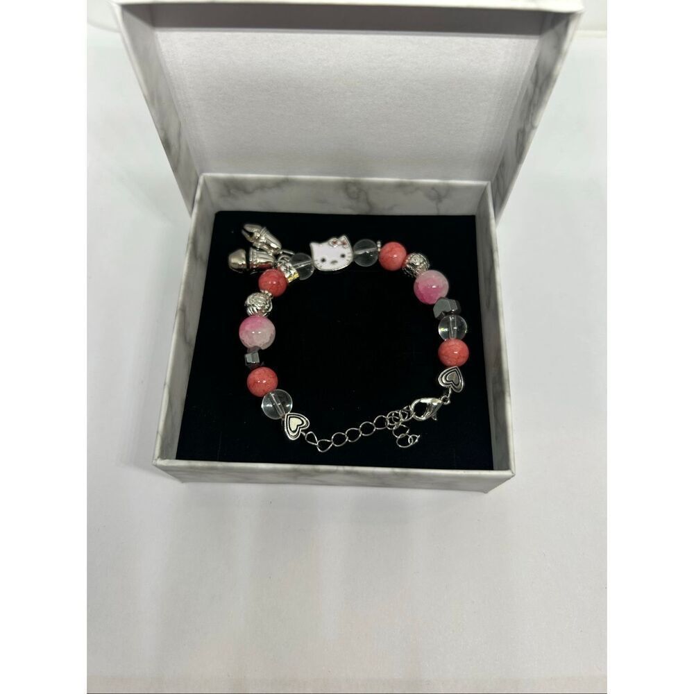 Hello Kitty Charm Bracelet Pink Beaded Adjustable Silver Tone Cute Gift